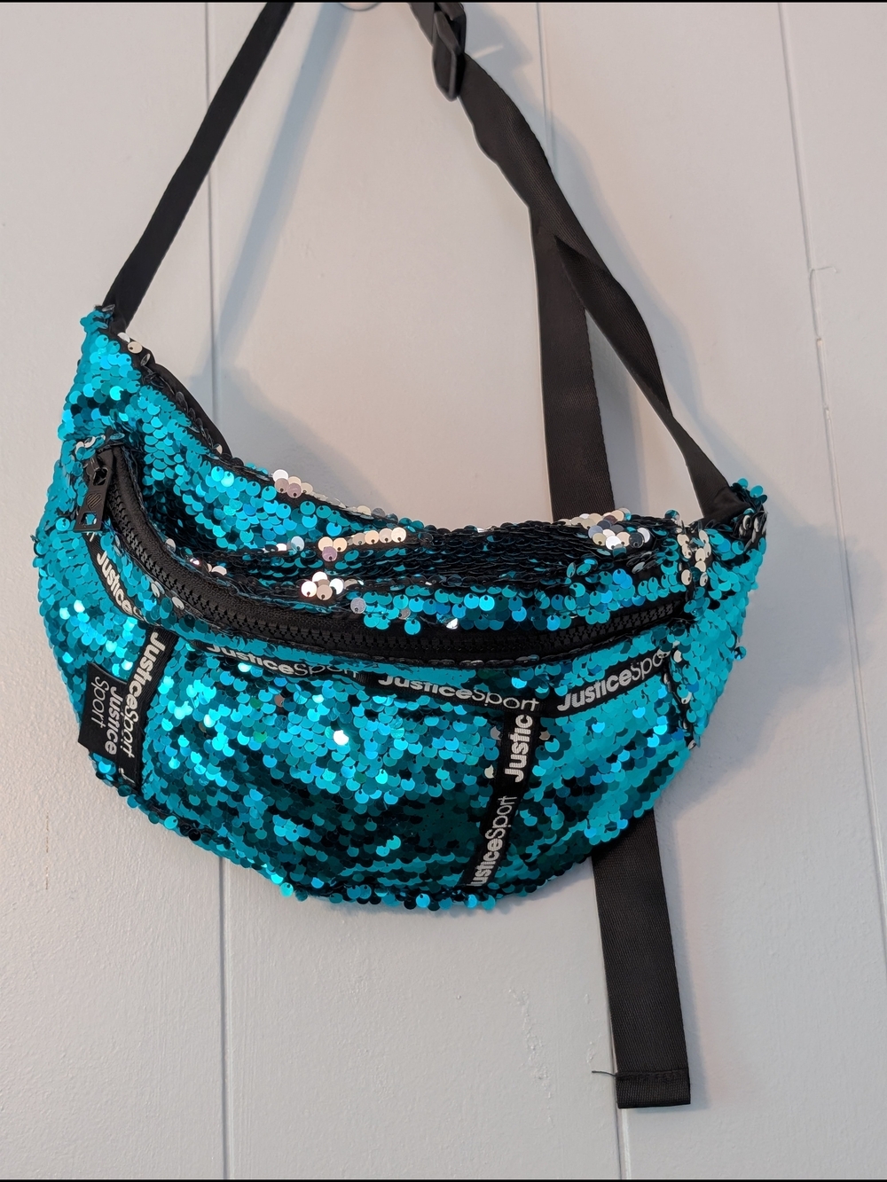 Justice Teal Sequin Crossbody Fanny Pack with Black Strap